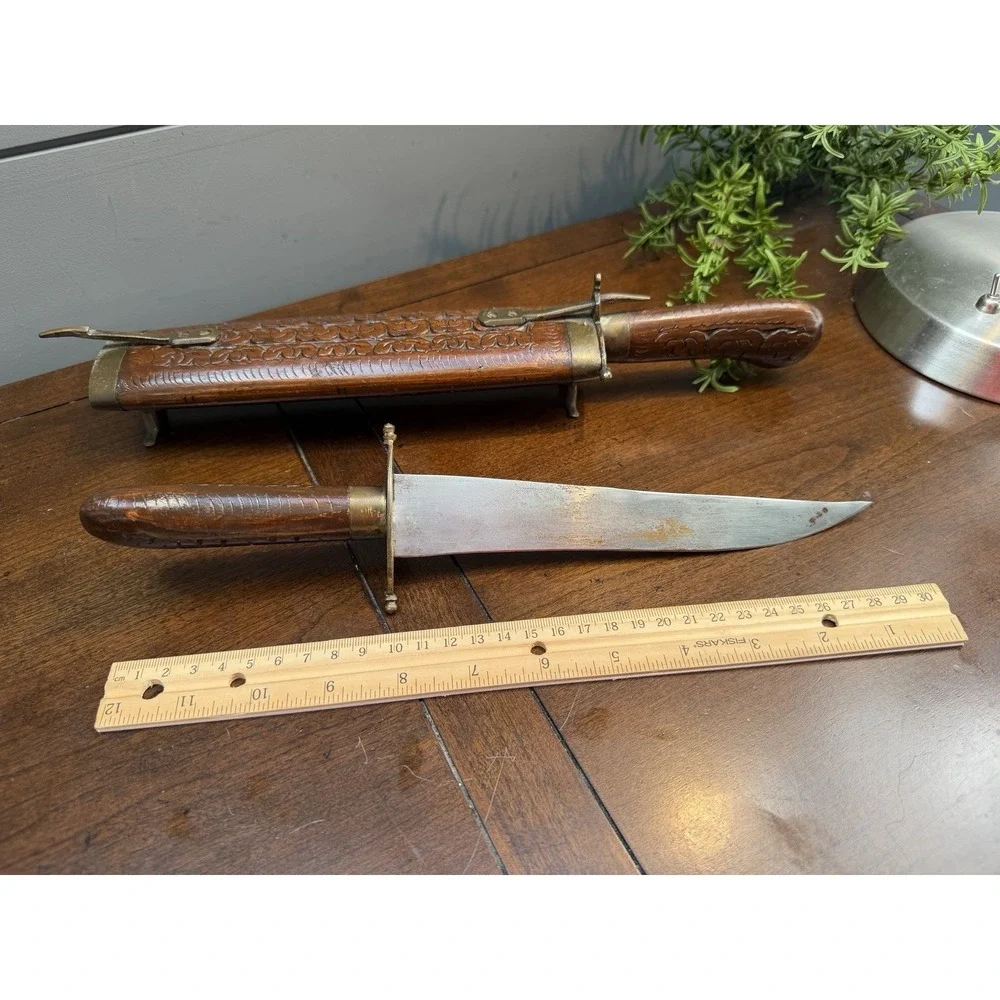 Vtg East India Knife & Fork Carving Set Brass Accents Carved Wood Handles